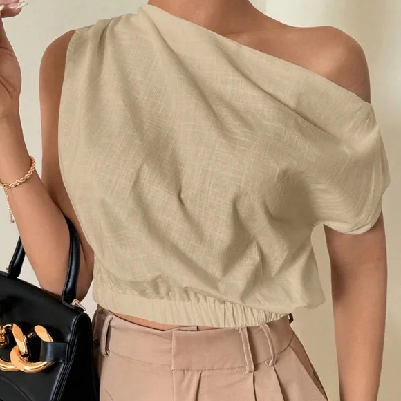 06 Solid Linen One Shoulder Oversized Crop Top - Picture 3 of 4